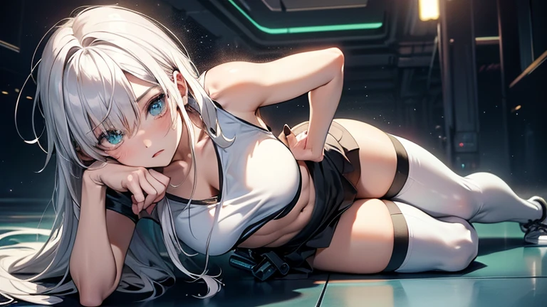 Sci-fi style，Three-point bikini beauty，white thong，Spread your legs，protrude，point of view，，the detail，has cleavage