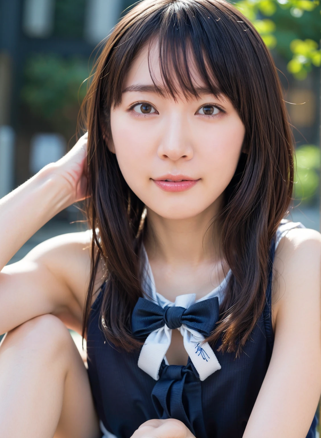 (hyper real stick:1.4), (realistic:1.4、ideal body proportions:1.4、Beautiful symmetrical face、bangs:1.4、shiny hair:1.4), debris flies、highest quality、Beautifully detailed female eye with intense highlights, very detailedなeyeと顔, beautiful and fine eye, that&#39;that&#39;that&#39;that&#39;that&#39;ridiculous, unbelievable that&#39;that&#39;that&#39;that&#39;that&#39;ridiculous,cute smile、 Super detailed, High resolution, very detailed, highest quality, Masseter muscle part, ((japanese girl&#39; high school uniform)), very detailed, 8k wallpaper, growing up, finely, Masseter muscle part,, highest quality, very detailed um uniform 8k wallpaper, light shines on your face、movie lighting、28 year old female、((dynamic pose))、(half)、(very tall supermodel:1.4、Sit cross-legged with your knees bent, brunette, medium short bob hair、long neck、Please tell me your year&#39;eye、Rashi&#39;beautiful teeth、cute、Very cute、Beautiful woman full of charm:1.4、{Huge|big|huge|mega} chest:1.4, cleavage