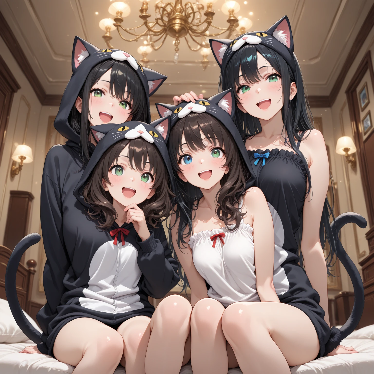 One person,Cat ear girl,Little age girl,Cat's Tail,Beautiful design,Delicate character design,Red Dress,Long skirt,Red elbow-length gloves,White brick castle,Starry castle balcony,Illuminated by the moonlight,Shy smile,Looking at me with the full moon behind me,He is holding out his right hand