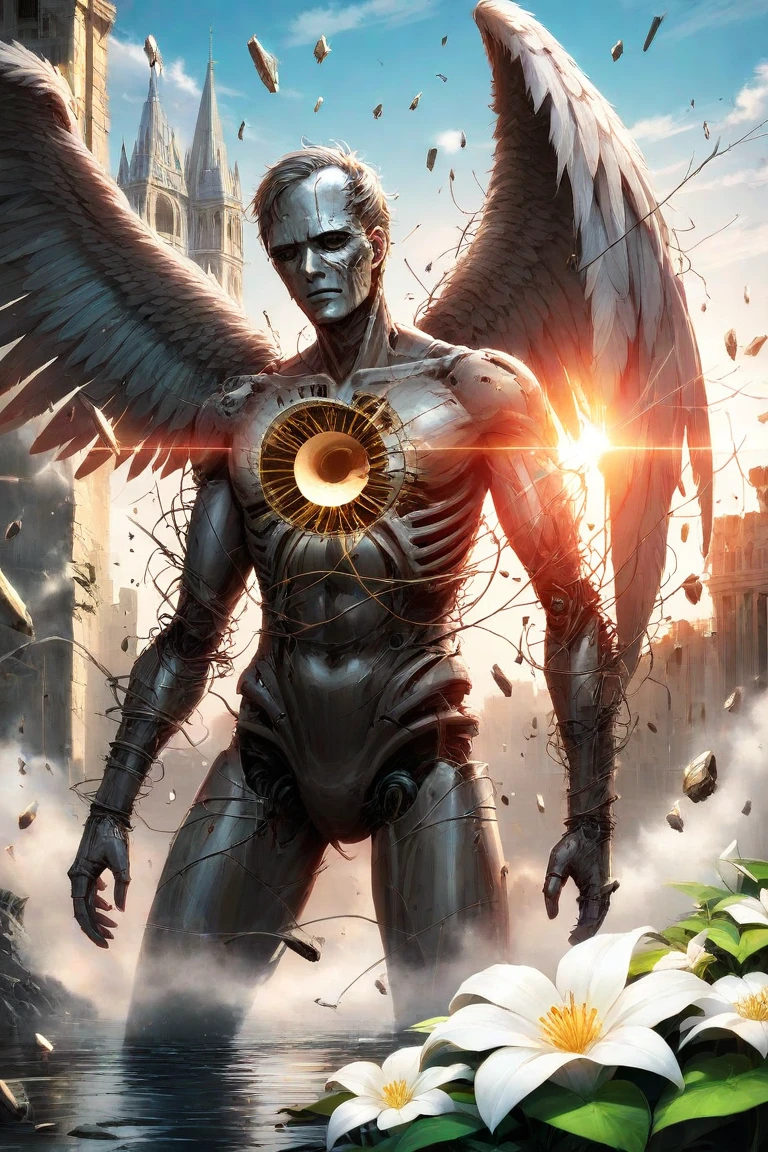 A post-apocalyptic humanoid entity formed from fragments of forgotten souls, its translucent skin rippling with shifting human faces beneath. It stands silently in the ruins of a drowned cathedral, one large broken angelic wing jutting from its back — the feathers metallic, twisted, scorched by time. From a crack in its chest, white flowers bloom in contrast to the decay, swaying in the radioactive breeze. A rusted clockwork device pulses within its abdomen like a second heart. The sky above is shattered into golden glass shards, with bleeding sunlight illuminating the ash-covered earth. Fog rolls through the ruins, where memories echo like whispers. Painterly composition, hyper-detailed character design, soft glowing highlights, surreal lighting, concept art style, by Moebius, H.R. Giger, Greg Rutkowski, high contrast, ethereal textures, cinematic depth of field.

