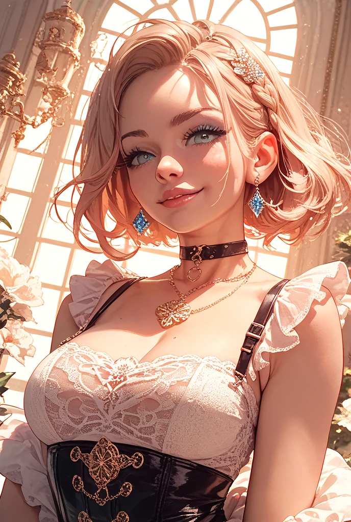 ((Highest quality, 8k, masterpiece :1.3)), (Sharp focus :1.2, Beautiful woman with perfect figure :1.4, Slim Abs :1.2), ((Big Breasts, Emphasize cleavage, The underboob is visible:1.3)), (Photorealistic:1.4), (realistic:1.4), (Pink Hair:1.5), Highly detailed face and skin texture, Fine grain, double eyelid. Makeup face, A little bit of lipstick, sex appeal, Sexy gravure pose, ((Pink blouse and white skirt。The background is the museum、Looking at a painting。Accessory: silver necklace。:1.3)
