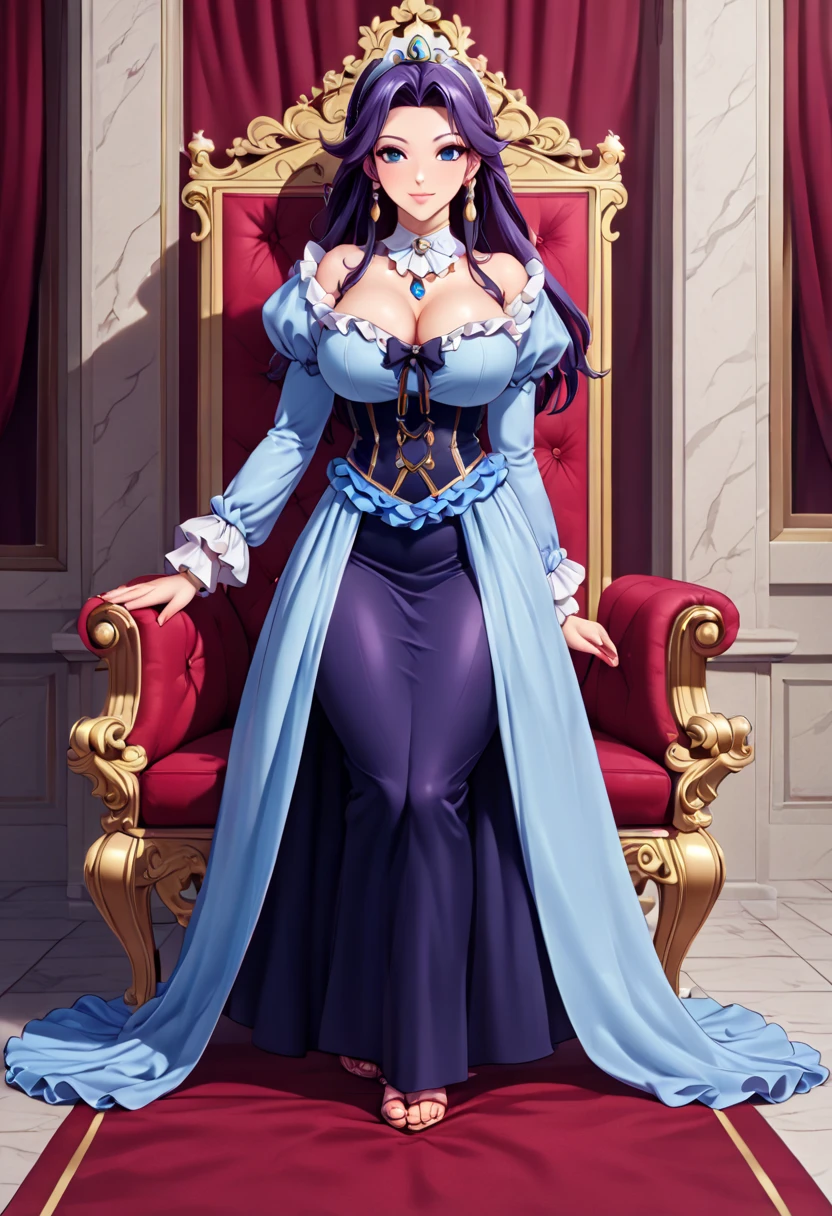 ((high aesthetic)), art by kipteitei, absurdres, absurd resolution, highly rated, highres, art by kipteitei, high resolution, best quality, masterpiece, full body, (facing viewer), 1girl, ((solo)), indoors, clothed, perfect face, perfect eyes, neneneji, tight outfit, smile, natural skin texture, 4k textures, hdr, intricate, highly detailed, puffy lips, thick lips, hyperdetailed, mature female, BoaHancockV2, Black hair, long hair, straight hair, blue eyes, purple dress, skinny