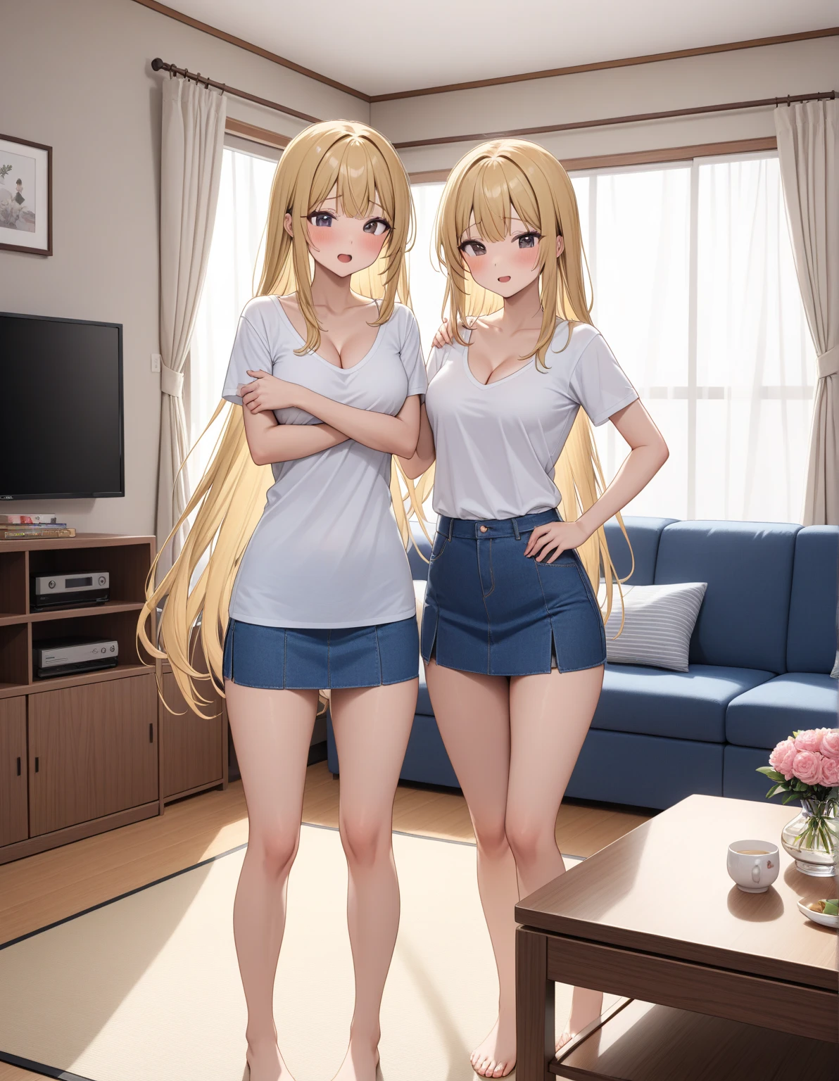 fullnude、(tmasterpiece, high resolution,ultra - detailed:1.0), Young and beautiful girls, eye looking to camera, Perfect female body, Extremely detailed CG,Unity 8k wallpaper,Complicated details, Depth of field, Best quality, Cinematic lighting, Girls in a courtyard, cute bow, (pubic hair), shy small smile, (FLATCHESTED:1.3)、flat chest, superflat chest, (one embarrassed girl naked: 1.3), (fully clothed girl holding naked girl:1.3), one embarrassed girl naked and second girl in sundress, zero breast size, blunt bangs, red-haired girl with two long braids and the second girl is blonde with two ponytails, Shiny hair, Delicate beautiful face, White skin, Beautiful cloud, Dusk sky, rural girl, sundress, pregmat