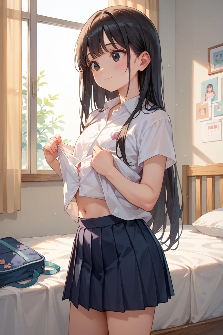 bedroom、Girly Outfit, lifted by self, (Showing panties:1.2), motion line, Crowded, POV, Looking at Viewer, frilled shirt collar, Pleated skirt, a black ribbon, Hair Ribbon, PINK SHIRT,