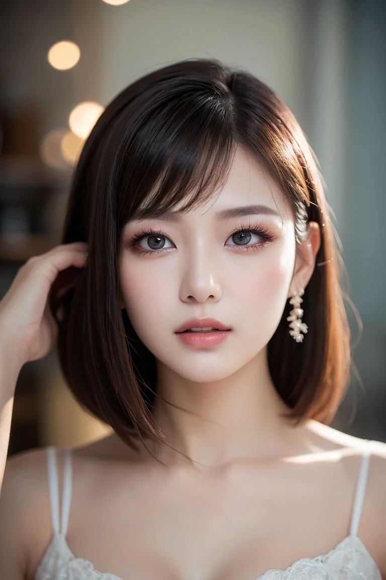 (Close-up:1.4)、(RAW Photos:1.2)、(Photorealistic:1.4)、(masterpiece:1.3)、(Highest quality:1.4)、(beautiful woman with perfect body:1.4)、(Perfect Anatomy:1.2)、beautiful girl college student、Tabletop、light makeup、Red lips、Silver Hair、Disheveled long hair、Street background、beautiful、elegant、Ultra fine detail aster piece、Realistic texture、Realism in film lighting、Perfect job、In 8K、Exquisite facial features、White tight open cut top、Transparent white tight shorts、Slim figure、Bright big eyes、Earrings、necklace、