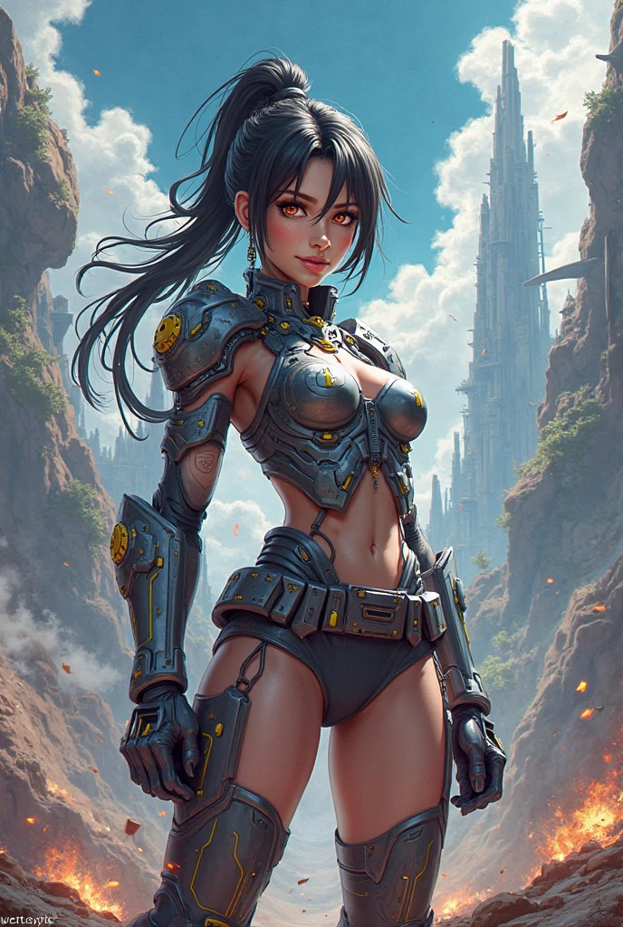Imagine an urban scene in Brooklyn, in a post-apocalyptic setting, where a female gladiator, approximately 30 years old, is the central figure. She is standing in a barren, desolate terrain, surrounded by the wreckage and ruins of the city.
The female gladiator is a true masterpiece in herself. Her athletic body is muscular and well-defined, reflecting her strength and agility. She is dressed in minimalist armor, composed of metal plates adorned with spikes and rivets, which reflect the broken sunlight.
Her hair is black and cut into a bob haircut, but tied back in a ponytail. Her strands of hair move gently in the wind, adding dynamism to the scene.
The woman is in a ready pose, her expression determined and her eyes focused on the horizon. Beside her, there is a young girl, also dressed in similar armor, looking at her with admiration and respect.
In the background, dilapidated buildings rise against a dark orange sky, creating a dark and oppressive atmosphere. Broken sunlight penetrates through cracks in buildings, creating patterns of shadow and light on the dusty ground.
Key elements:
Gladiator woman, 30 years old, athletic body.
Minimalist armor with spikes and rivets.
Black hair in a bob haircut, with a ponytail.
Young girl next to the gladiator.
Post-apocalyptic urban scene in Brooklyn with wreckage and ruins.
Dark orange sky with broken sunlight.
Comments:
Make sure the digital painting captures the essence of the gladiator woman's strength and determination, as well as the young girl's admiration.
Armor and wreckage details must be carefully rendered to convey realism and texture.
Use light and shadows effectively to create a dramatic and impactful atmosphere.