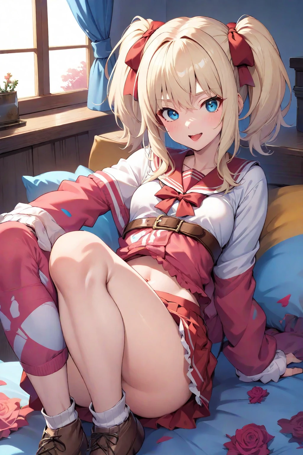 piperBS, 1girl, blonde hair, hair bun, blue dress, puffy sleeves, short sleeves, pink gloves, fingerless gloves, pink belt, shoes, blue footwear, cute and blushing 18 years old anime girl, look away because she is embarrassed and blushes, bright blue eyes, detailed face, detailed members, detailed arms, detailed hands, Girl lying, tied by ropes, shackled, can no longer move, tied tightly, very hard tied up with lots of ropes, hampered by so many ropes that she can no longer move, bound hands and feet, ropes tie his whole body, tied extremely tightly and forcefully to her bed by a lot of ropes, its limbs are strongly tied together by ropes, his torso is tied up with thick cords, her chest is so tied up with ropes that it sticks out, her legs are tied tightly with thick ropes, his hands are tied behind his back with ropes, she can no longer move her feet, her hands which are tied by thick ropes, she desperately tries to free herself, likes to be tied tight with big ropes, likes to be immobilized by big ropes, lying down, his hands and feet are strongly tied to the railing of his bed, his legs are pressed together and tied with ropes, its limbs are held vigorously by imposing ropes, her hands are tied securely behind her back by ropes, her chest is compressed by strong ropes, she is pressed against her bed and restrained by large ropes, (shibari, arms behind the back:1.4), (hands on the back), (masterpiece, best quality) 1.5, 1girl, solo, (sexy, beautiful woman, perfect face, perfect eyes, perfect hands), samus aran, (hands on the back), Spread the legs, s' ((lie in bed by big ropes)), ((close up of the girl)), ((((lie in bed)))), ((((arms tied behind the back, Legs Tied,La fille est allongée sur le ventre, La fille est allongée sur le sol:1.5)))), ((((girl seen from behind:1.4)))), ((((girl lying down on her stomach:1.4)))), ((((Outstretched arms:1.5)))), ((((Detailed hands:1.5))))
