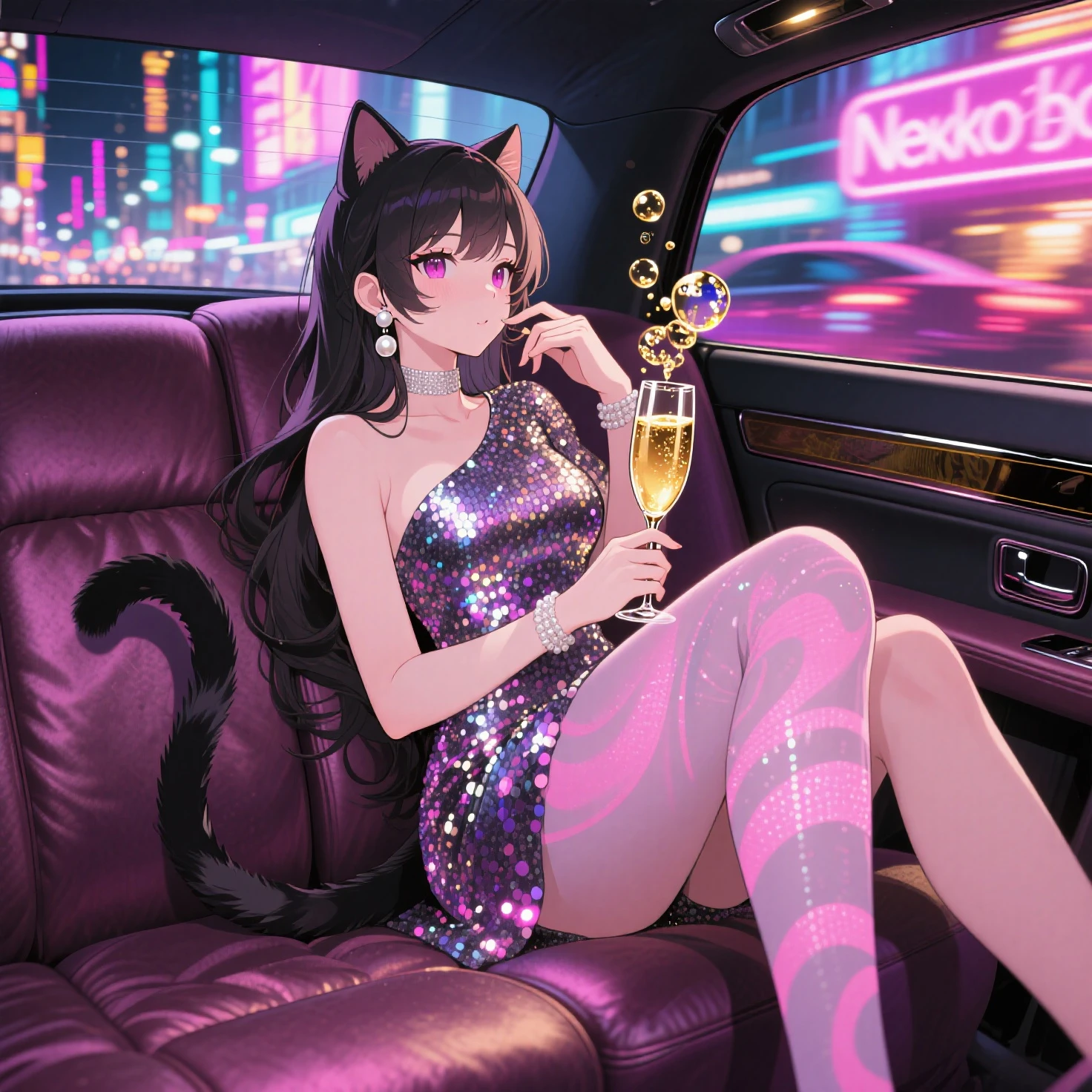 junkotvv cabello largo negro, cat girl, cat ears, red eyes, arafed woman in a silver dress standing next to a car, Inspired by Hédi Sant, Sexy girl, karol bak uhd, Sexy dress, amouranth as a super villain, author:Adrian Zingg, amouranth, Luxury dress, chrome body, Super car, mais conhecido como Amouranth, japanese pretty woman,Realistic1.4