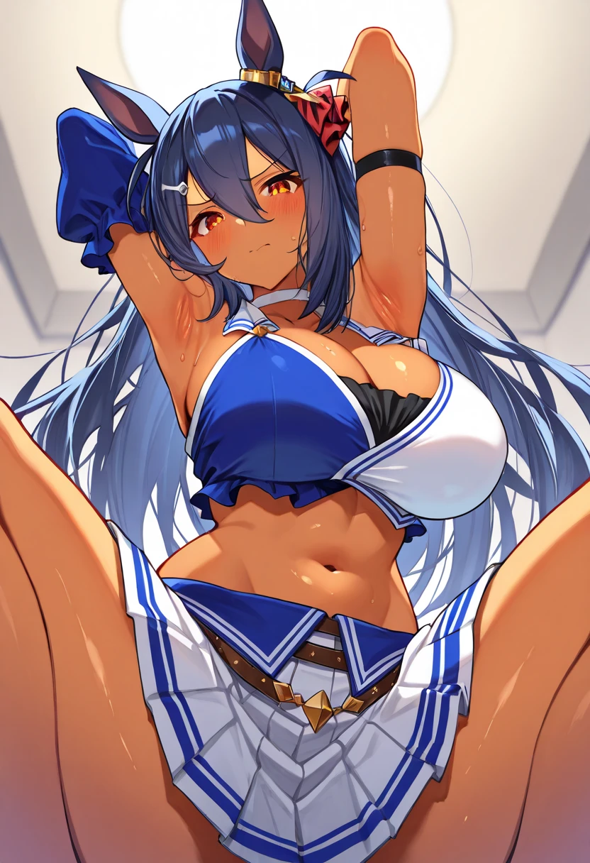 layer_megamanx, 1girl, solo, long hair, purple hair, blunt bangs, hair over eyes, large breasts, dark skin, dark-skinned female, android, underboob, robot ears, slave bikini, collar, chain leash