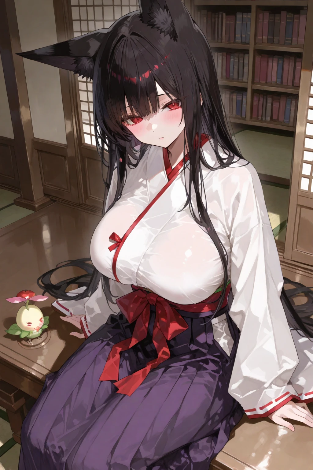 Japanese girl Black hair gigantic breasts
(Flower)(Flower Arrangement Club)(Flower Arrangement)a woman sitting in a chair wearing a kimono, with her hand resting on top of her pants, 1girl, solo, japanese clothes, long hair, sitting, black hair, hakama, skirt, looking at viewer, hakama skirt, blush, white kimono, bangs, kimono, closed mouth, black hakama, seiza, long sleeves, breasts,kendo hall, wood floor, ,big breasts, huge breasts, gigantic breasts,flower arrangement,big breasts, huge breasts, gigantic breasts