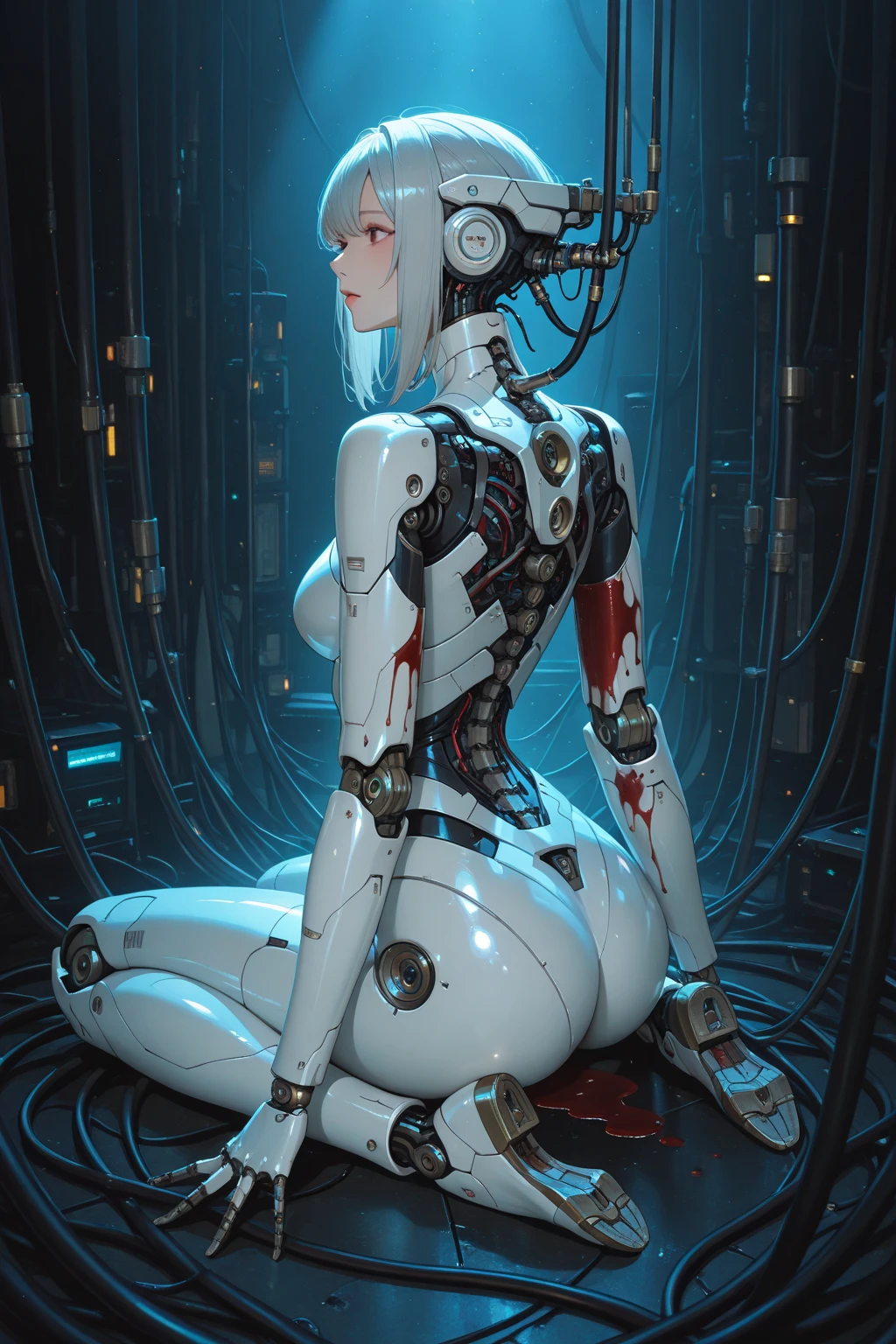 (masterpiece, top quality, best quality, official art, sexy beautiful and aesthetic:1.2), (1girl:1.3), extreme detailed,colorful,highest detailed ((ultra-detailed)), (highly detailed CG illustration), ((an extremely delicate and beautiful)),(from side),cinematic light,((1mechanical girl)),solo,full body, (machine made joints:1.2),((machanical limbs)),(blood vessels connected to tubes),(mechanical vertebra attaching to back),((mechanical cervial attaching to neck)),(sitting),expressionless,(wires and cables attaching to neck:1.2),(wires and cables on head:1.2)(character focus),science fiction,white background,(blood:1.5)