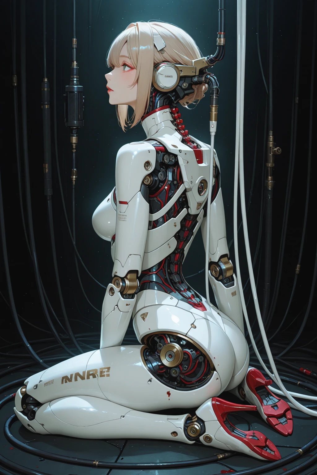 (((masterpiece))), ((((best quality)))), (((ultra-detailed))), (highly detailed CG illustration), ((an extremely delicate and beautiful)),(cute delicate face),cinematic light,((1mechanical girl)),solo,full body,(machine made joints:1.4),((machanical limbs)),(blood vessels connected to tubes),((mechanical vertebra attaching to back)),((mechanical cervial attaching to neck)),((sitting)),expressionless,(wires and cables attaching to head and body:1.5),(character focus),science fiction