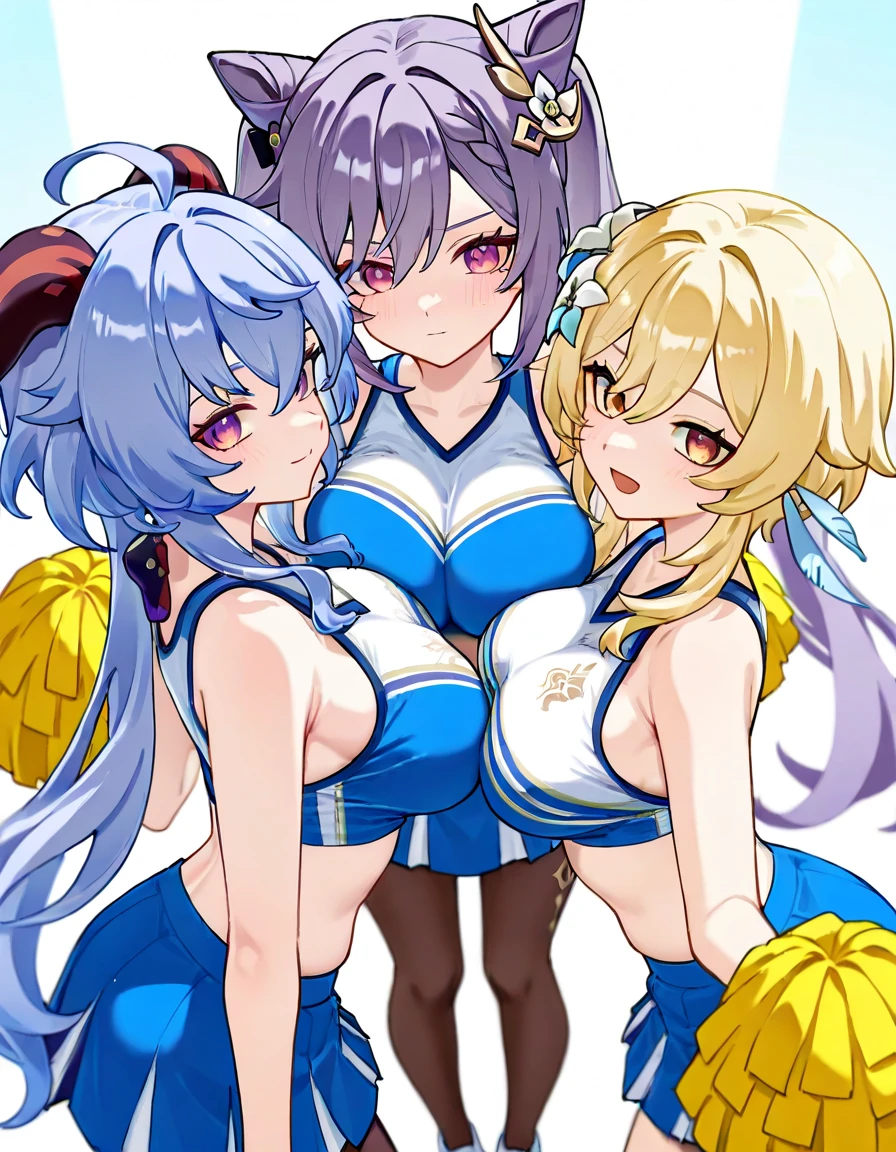Texture CG, ((Ultra Detail Art)), ((master piece)), (extremely details CG),Multiple girls,3girls,harem,cheerleaders,cheerleading,dynamic pose,(gal,gyaru),((((cheerleader unifrom))),skirt ,(((pleated mini skirt))),underboobs , beautiful legs,wind lift,((string panties),(thin panties)), long hair, blonde hair, brown hair, pink hair, silver hair,ponytail hair,Curve, Beautiful detailed eyes , gleaming skin, bracelet, ,hair ornament, hairclip, jewelry, open mouth ,light smile, embarrassed:1.4,outsides ,clear sky, in summer ,windy ,garden,
