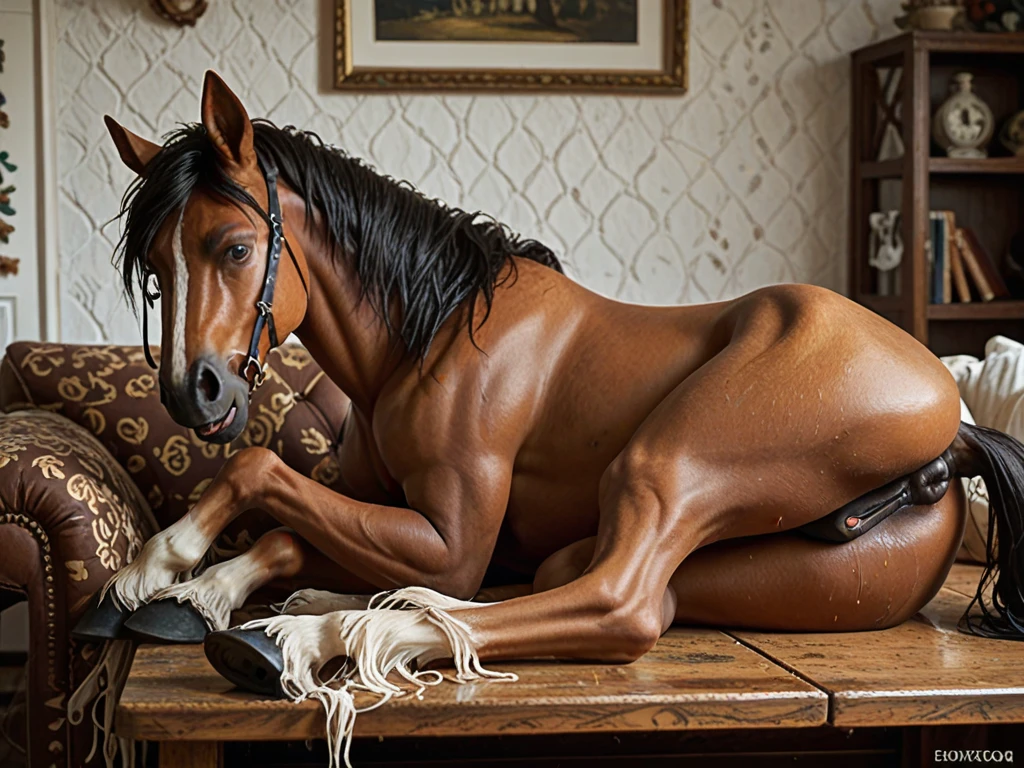 There is one adult character on this picture. The character is a slender anthropomorphic male brown horse, brown fur, slender character, slender, barefoot, digitigrade, hooves, horse tail, male bare chest, bare chested male, topless male, black nipples, black areolas, nude, naked, black balls, visible balls, balls, black testicles, visible testicles, testicles, black penis, visible black penis, black penis, visible male genitals parts, nsfw. The scene takes place on a solarpunk bedroom. Bedroom with a lot of green plants. Luxurious vegetation. The character is lying on the bed. The character has a seductive expression. Flirty expression. Romantic atmosphere. Romantic ambiance. POV. Night.