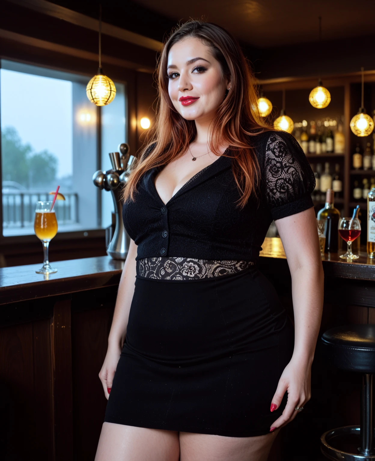 Curvy redhead with thick thighs wearing a short black cocktail dress