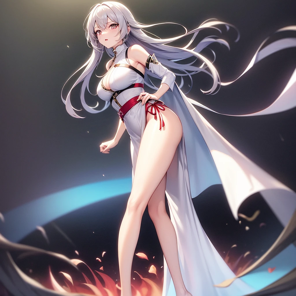 A beautiful female swordsman,Red eyes,white hair,sweat,,Abdomen 1.3,Very white skin,Red lips,Right hand holds a sword,Left hand raised to show armpit,sexy,Very pale white skin.,