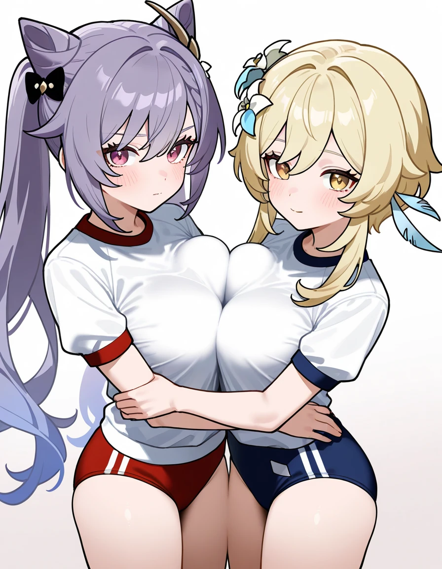 (cute eyes:1.3), (sparkling eyes:1.2), highest quality,wonderful,finely,extremely detailed CG Unity 8K wallpaper, (2 Girls), (white hair, pink eyes, short hair, straight hair, nekomimi, (clothed)), (skinny body:1.3),(huge breasts), ((Sleeveless volleyball uniform:1.2),(Bloomers:1.2)), golden pattern cheongsam), (cum on nipple:1.2), (cleavage out:1.6),(open mouth:1.1), (embarrassed:1.1), (Black knee socks:1.1),(Thighs:1.2),(Waistline:1.2), (from above:1.2)
