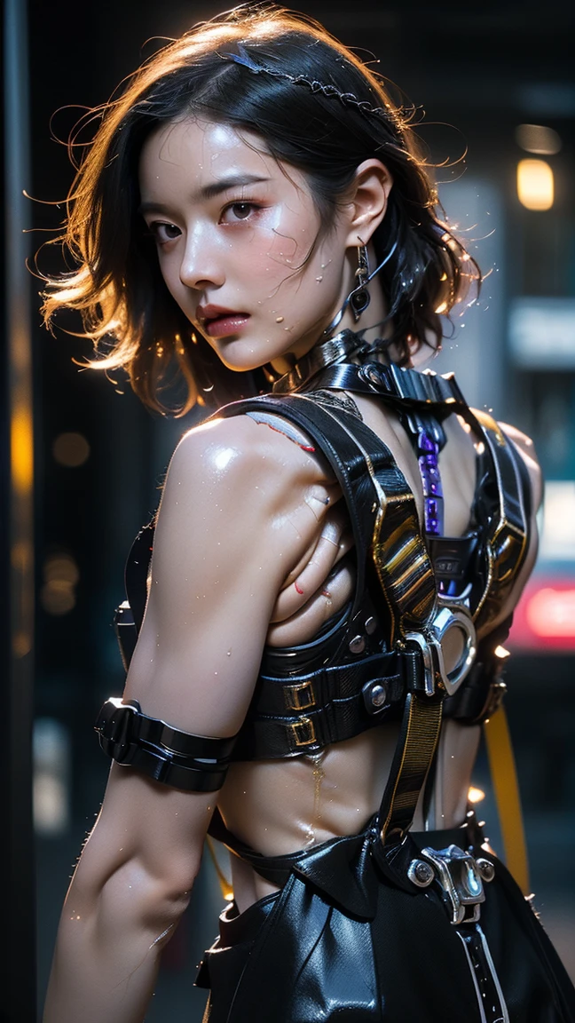 cyber punk digital art of a neon lit city with a samurai figure highlighting the contrast between traditional and futuristic 4k highly detailed digital art, 8k stunning artwork, beautiful and gorgeous woman, dominating face, mohawk haristyle, platinum hair, perfect face, perfect body, perfect pale, full-body, lying face-up, cenital