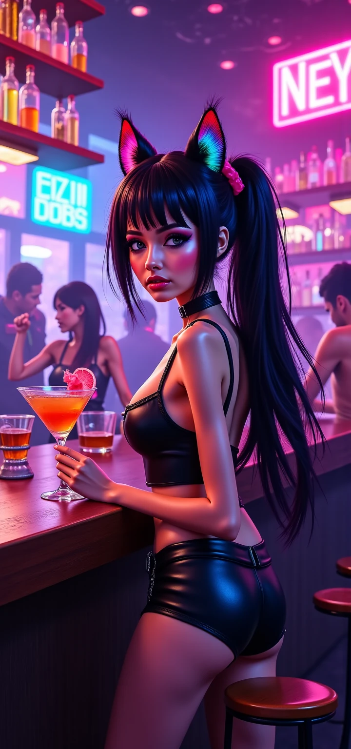 1 woman, aunt cass, detailed face, beautiful detailed eyes, beautiful detailed lips, extremely detailed face and features, long lashes, black outfit, panties exposed, drinking cocktail, club setting, dancing, grinding on other women, horny poses, provocative, sensual, dramatic lighting, neon colors, vibrant, cinematic, hyper detailed, photorealistic, 8k, best quality