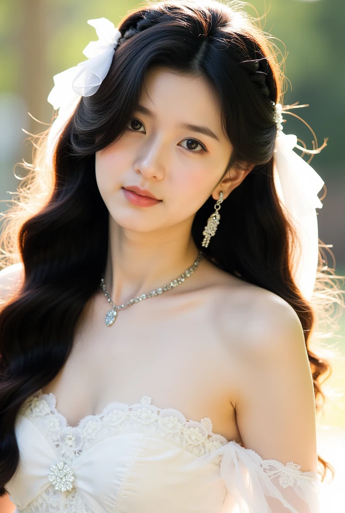 ((masterpiece)), 32k, masterpiece, highest quality, 1 girl, alone, (Nationality: British:1.3), Realistic, Garden, Realistic, Very detailed, Detailed Background, (alone: 1.4), Happy expression, Slender body, Realistic Highly detailed long hair, Intricate details, masterpiece, highest quality, West Shot, (花の咲くGardenの背景)), smile, ((Looking at the camera)), Earrings, Long straight black hair, Asymmetrical bangs, Natural Breasts ,