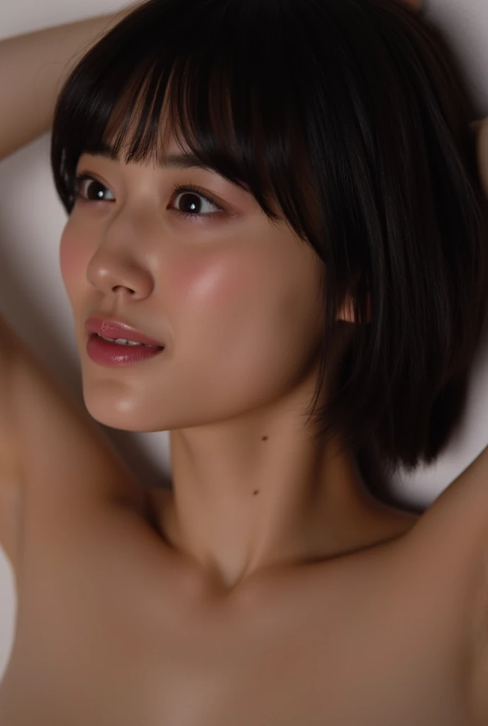 masterpiece:1.2, Very detailed, Ultra-high resolution, Realistic, photo Realistic:1.6, High-resolution RAW color photos, Professional photos, Sharp focus:1.2, Very detailed顔と肌の質感, Very beautiful eyes, Glossのある肌, Glowing Skin, Glowing Skin, Shining Face, Gloss, Oily skin, greasy face, Oily skin, greasy face,, real Glossのある肌 texture, Perfect Anatomy, Very detailed背景,1 female,short hair, Straight hair, bangs, Brown Hair,((Flat Chest:1.5))、((Completely naked)),((A body that is so shiny with oil:1.4))、