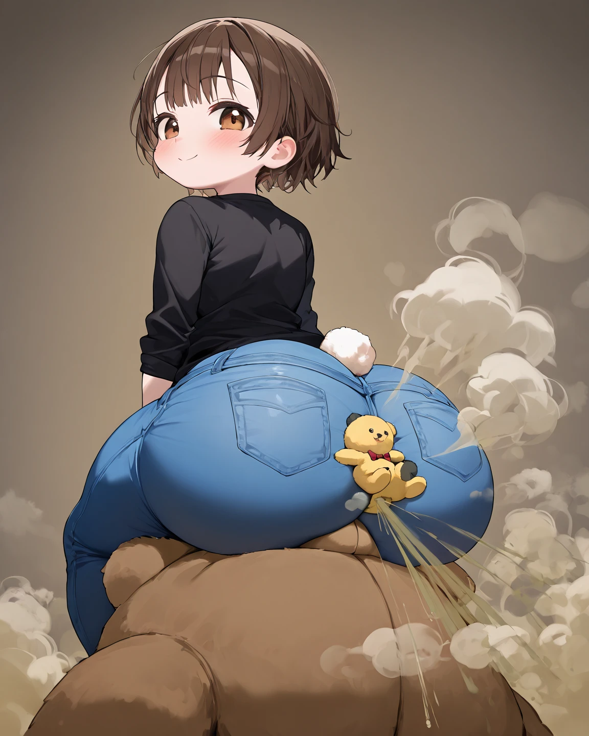 ((short body)), ((short body)), ((short body)), ((short body)), ((short body)), ((baby body)), Black hair with straight bangs and a ponytail with a red band, big round brown eyes, slightly blushed cheeks, smiling expression, wearing a striped yellow and blue shirt, blue overalls, white shoes with gray soles ocean, palms, sand, sun, ((with a big cock)), (ballsack), (steaming coming from her cock),