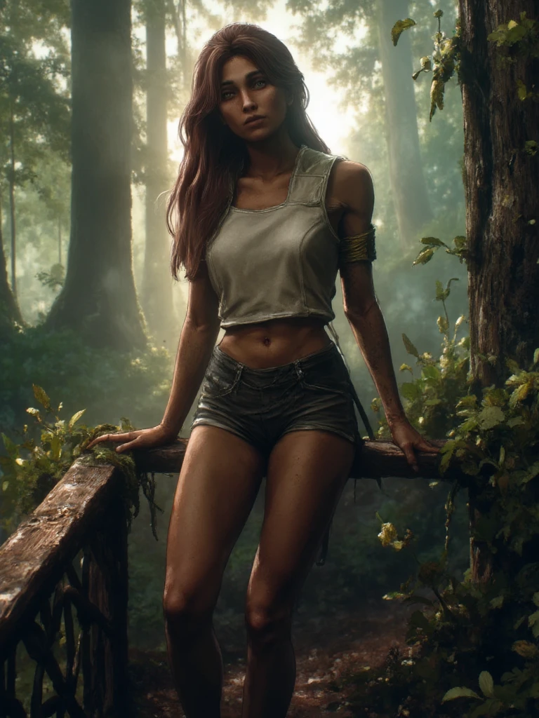 Sophia Lillis, plump body, braided ponytail, fantasy forest, fantasy picture, squatting on a rock