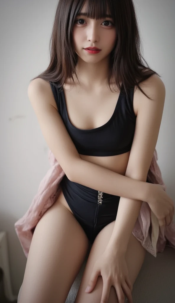 highest quality, masterpiece, ultra high resolution, (realistic:1.5), Raw photo, 1 girl 16 years old,simple gray background、in the dark, deep shadow, cold light, sexy look,(((naughty underwear、off shoulder、beautiful navel, spread your legs、small breasts)))