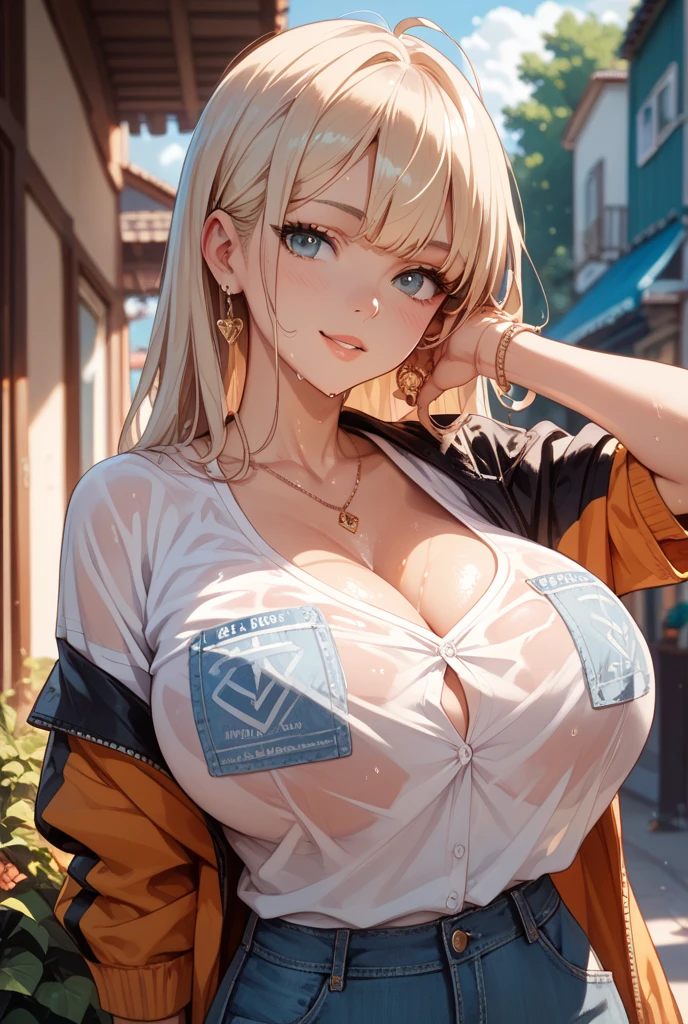 (masuter piece、best qualtiy、ighly detailed、photoRealstic、超A high resolution)、 ((Colorful graffiti art background at night:1.5)、(ighly detailed night background))、 (One Beautiful Mature Woman、Long Blonde Hair、ighly detailedな顔、ighly detailedな目、二重まぶた、Open your mouth wide and stick your tongue out、Fancy makeup、cum faced、(Blue earrings)、Thick lip)、 ((Tie the white shirt at the belly button:1.3)、(Showing off her exposed blue bra under her open white shirt:1.7))、((black tight pleated skirt:1.6)、(Showing off sexy blue panties:1.7)、(Cameltoe:1.5)))、(((((Gold Bracelet、Gold Belt、Black bag))))))、 (big breasts slim waist、skin tanned:1.7)、(look down and spread your legs:1.5)、(Super close-up shot looking up diagonally from below:1.7)、taken from the under、ultra close up、NSFW、Scale to fit image