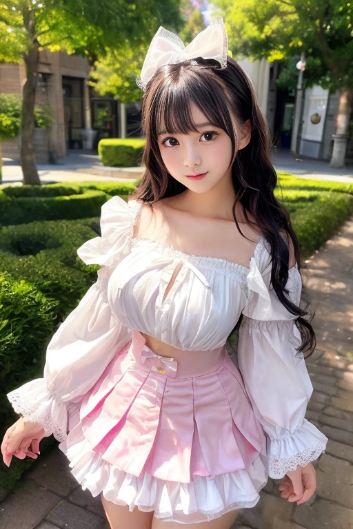 ((((Highest quality, High resolution)))), Extremely detailed 8K, Beautiful girl with slim body, (Ultra HD, Very detailed, Very detailed, Very realistic, Ultra-realistic, Photo Real), (One girl:1.5), Long Hair、Twin tails、Brown eyes, (Medium Breast: 1.2), (Beautifully detailed face, Beautiful attention to detail), (Sheer blouse:1.4),(Cleavage)、(Light of the sun, sunlight),(slender:1.5),(Light clothing:1.6),(Open chest)、(Idol face:1.7),(Beautiful eyes)、(Beautiful face)、(Toned body:1.5),(masterpiece:1.8),Blushing、Beautiful Skin、Moist eyes、Embarrassed expression、Baby Face、Big Eyes、smile、(Slim and beautiful legs:1.4),(mini skirt:1.4),(Panty shot:1.4),(squat)、