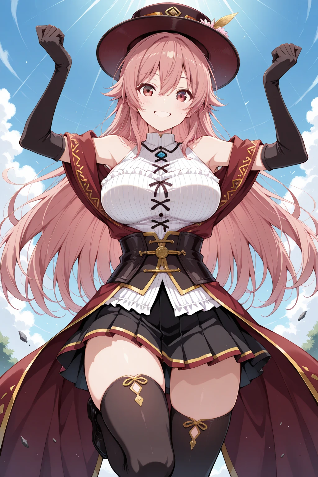 (masutepiece, Best Quality), 1girl, solo, breasts, thighhighs, long-hair, large-breasts, cleavage, red-hair, garter-straps, fishnet-thighhighs, fishnets, flower, full-body, object-namesake, skirt, smile, standing, red-footwear, panties, looking-at-viewer, underwear, frills, staff, detached-sleeves, red-eyes, blush, hair-ornament, holding, high-heels, white-skirt, shoes, corset, hair-flower, open-mouth, holding-staff, weapon, detached-collar, pantyshot, short-sleeves, ribbon, puffy-sleeves, pink-panties, holding-weapon
