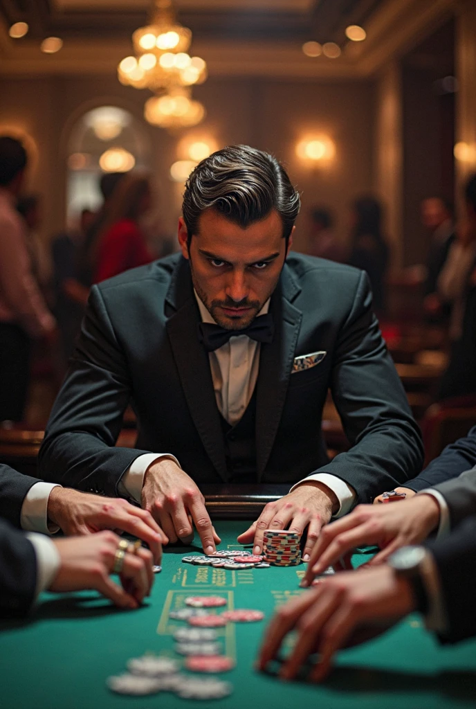 Man in a luxury casino: A man dressed in a tuxedo is playing poker at a table in a luxury casino. He has a stack of chips beside him and a confident expression as the casino’s bright lights flicker in the background.