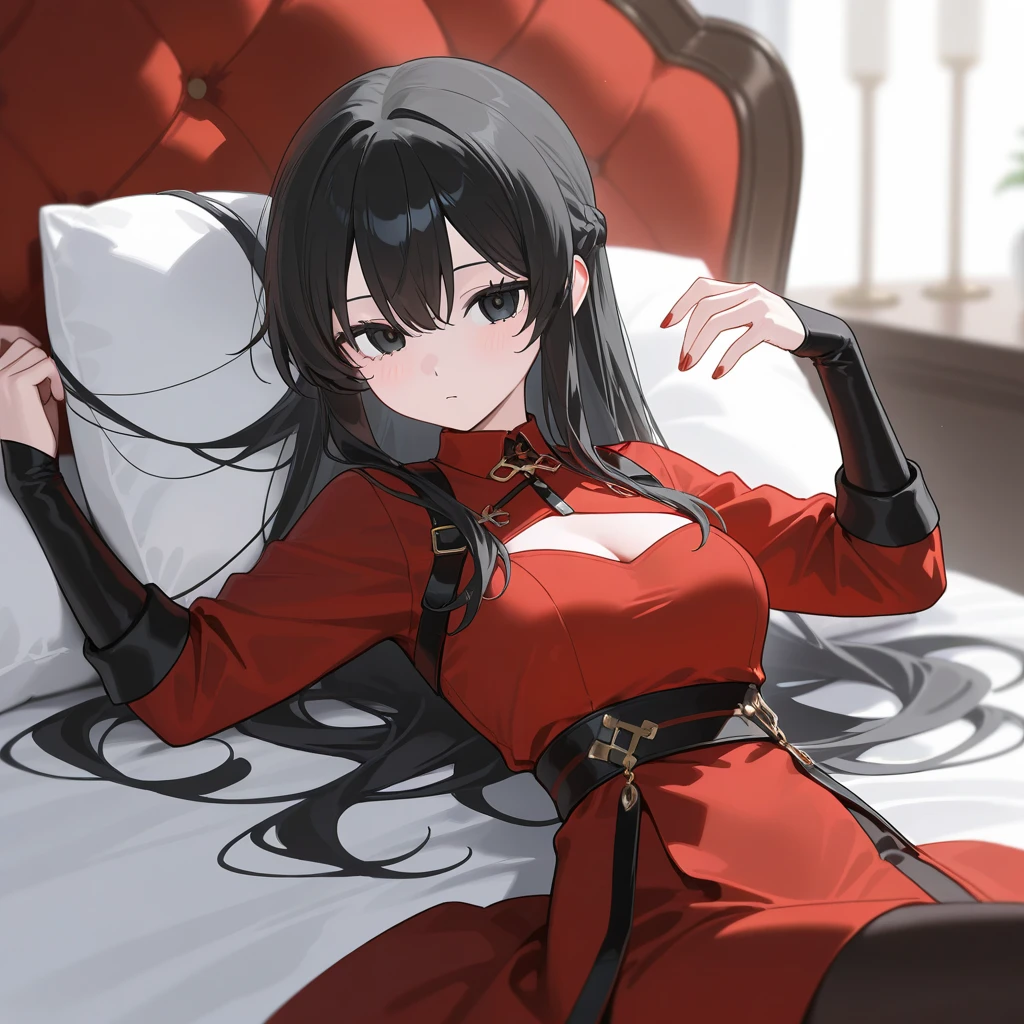 girl, red eyes, wavy black hair. wear green black uniform, arrogant, independent woman, kind smile. background in luxury mansion. she is noble
