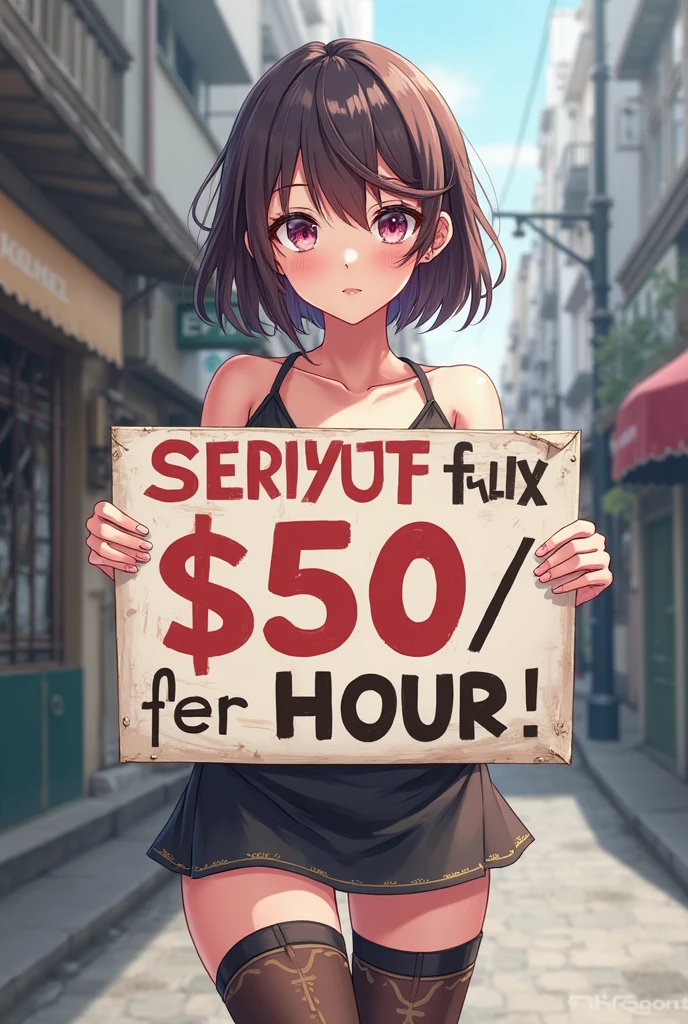 a sexy cleavage high school uniform indonesian woman holding up a sign "coblos4d no1 slotgacor", joyful, happy, anime illustration, photorealistic, oil painting, casino background