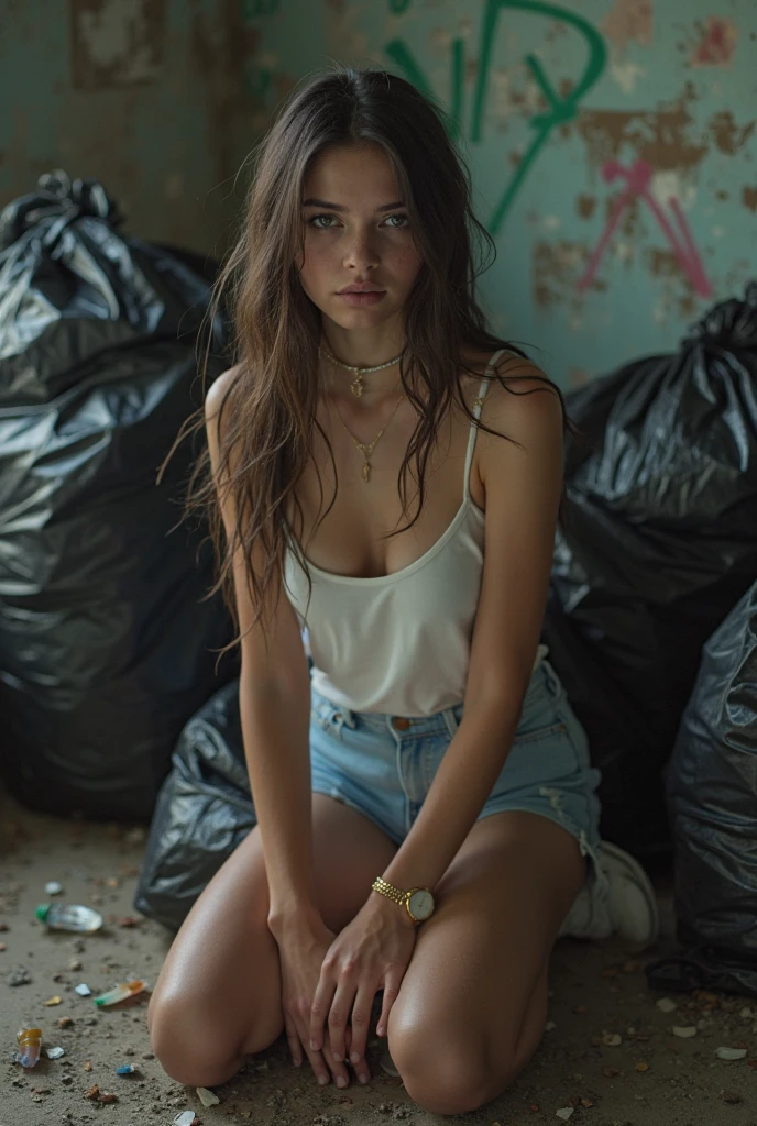 (Full body shot Sadie Robertson), (really really long ringlets brunette hair), (strong muscular thighs), (dark red glossy lips), (soft eye shadow long eyeliner), (long sharp red nails), (completely torn, ripped and dirty homeless clothes), no earrings, no earrings, no earrings, no jewels, (sensual pose in a really abandoned alley with a little trash and debris, unlit, almost completely dark), ((night time, no lights)), (dark ambience, black sky, hard to see anything beyond 7 meters, too dark). No faces on her chest!