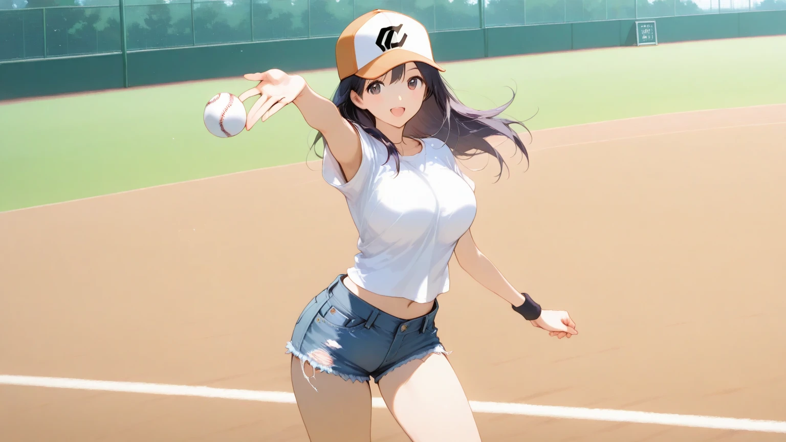 Hilda the trainer from pokemon, she has blue eyes, she wears a baseball cap from pokemon with her hair out the back of the baseball cap, she wears a skirt and a blouse the blous reveals her huge as she smiles at you
