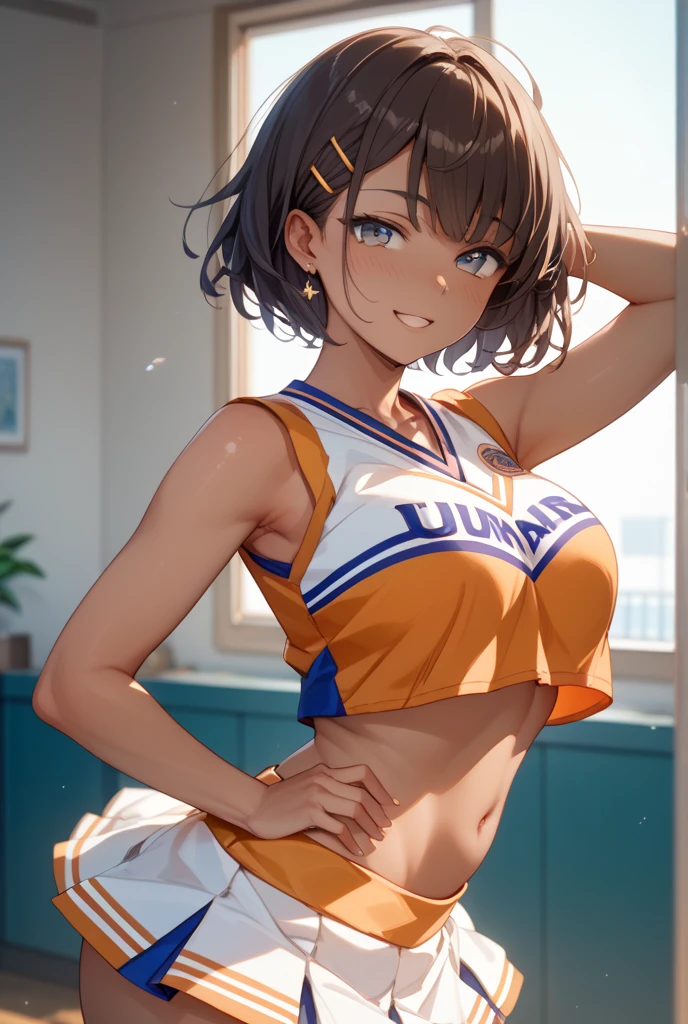 nozomitoujou, nozomi toujou, green eyes, brown hair, short curly hair, large breasts, masterpiece, best quality, high resolution, beautiful detailed eyes, extremely detailed face, good lighting, detailed CG, messy hair, glossy lips, night, school field, (cheerleader), (quicksand:1.3), looking up at viewer, (upset), night, sleeveless, collarbone, midriff, very cute cheerleader outfit, detailed cheerleader outfit