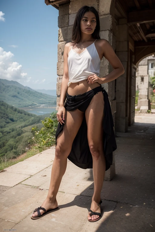 1 girl, alone, looking at the viewer, black long hair, hair is tied up, short body, smaller chest, white tank top, black mini skirt, Coastal rocky background, realistic, masterpiece, 最high quality, high quality, High resolution, peeing, squatting.