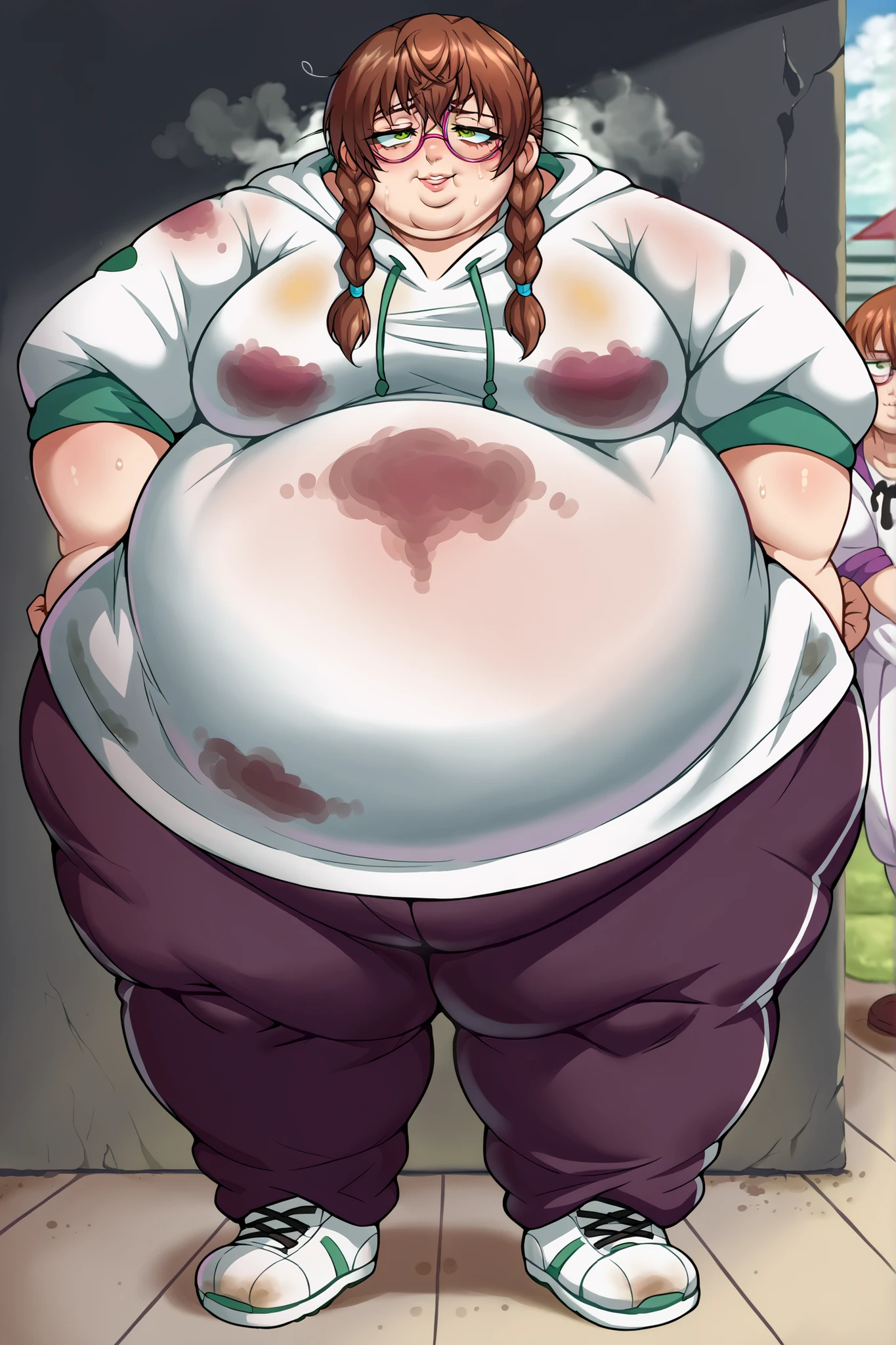 fat, large belly, big belly, very fat, large stomach, chubby (best quality, masterpiece), fat belly, at, large belly, standing, grabbing belly, very fat, large stomach, chubby (best quality, masterpiece), thanksgiving, wearing sweater, grabbing belly, sitting down, table with of food, table tons of food, lots of food, holding belly, table with food, short hair