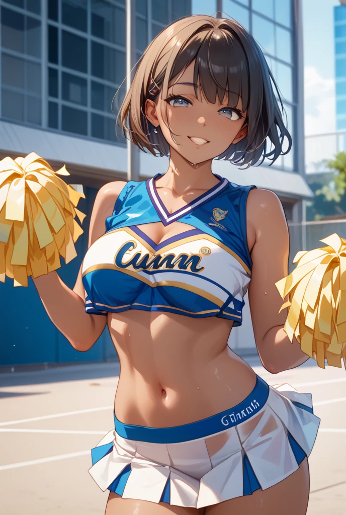 Highest Resolution,Highest quality,((Cheerleader holding a sports drink)),sunny,Tears and saliva dripping,Brown hair ponytail,Sweating profusely,whole body,Belly button,Abdominal muscles,Crying face,