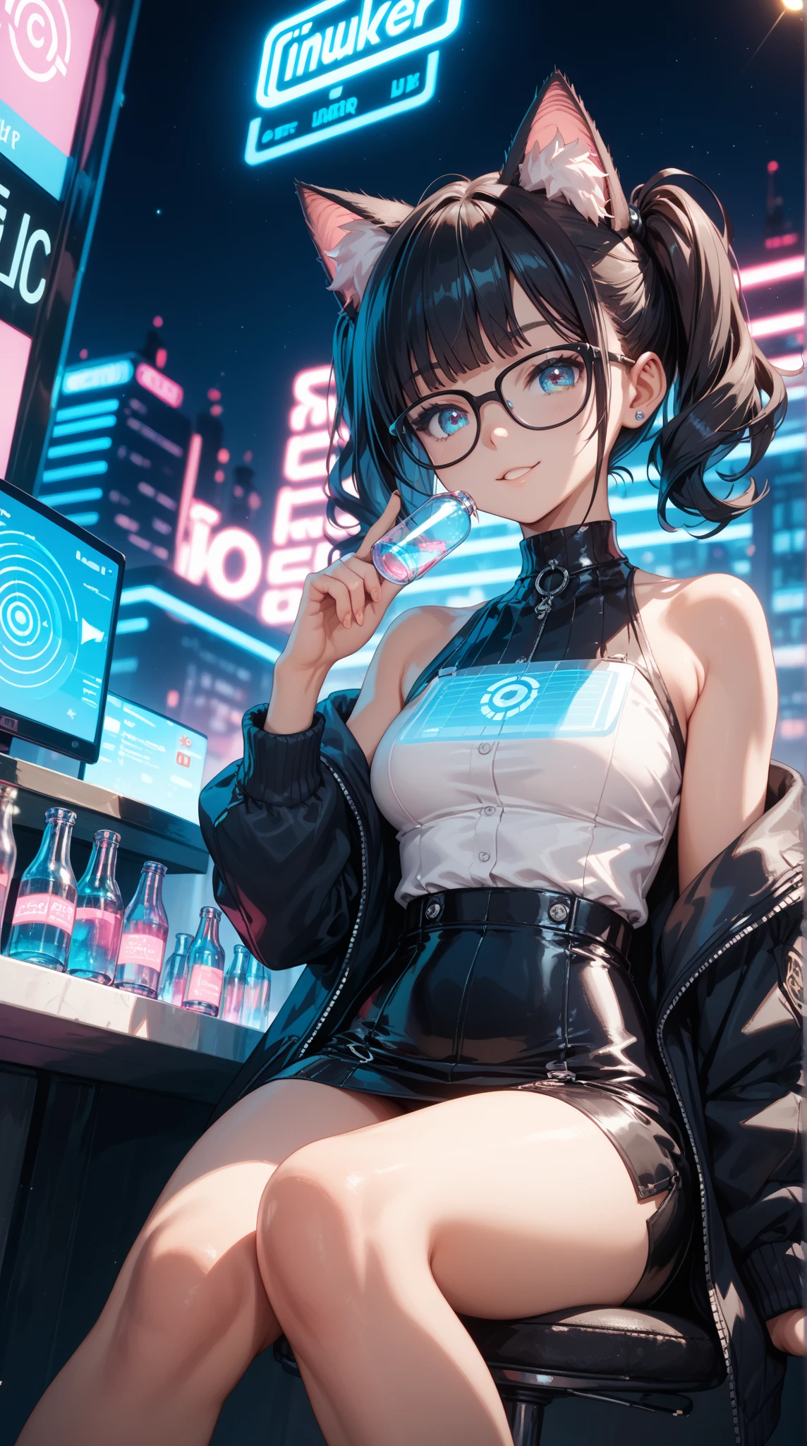 （（tmasterpiece））， （（ultra - detailed））， （（best qualtiy））， Beautiful and delicate eyes， Detailed face， The best lighting， The best shades， 1 girl，solo， （（cyber punk style， edge lit， machine arm，Hologram aura，Surreal Science Fiction Art，Future Science Fiction Aesthetics，Flat 2D style））， （（The main colors are purple and green））， Huge light bulb， （Girl inside the screen：1.5），Mobile Paradise，Orange bulb，A world made up of mobile phones，Gamepad，VR glasses，Virtual screen， freckle， Cold nose， （（（Buble）））， illustration，japanese inspired， （highly  detailed）， Whirlpool effect，