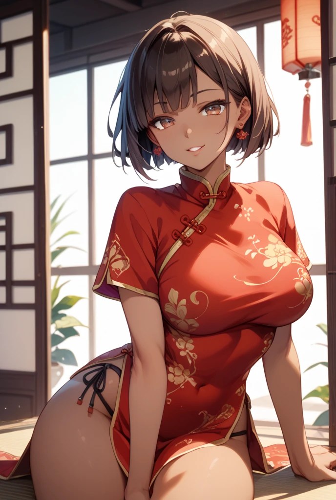 masterpiece, absurdres, best quality, ultra detailed, high Resolution, detailed illustration, bright colour, (extremely beautiful detailed face and eyes, Delicate beautiful face, 1 girl, cute face:1.3), (magenta eyes:1.1), sparkling eyes, big eyes, medium breasts, (perky breasts:1.1), (pointy breasts:1.1), medium hips, glamorous body, white skin, BREAK, long bob cut, (blonde hair:0.8), messy hair, detailed hair, shiny hair, BREAK (China dress, Panties:1.5), perfect lighting, (embarrassed:1.5), (ecstasy, vulgarity:1.5), (trembling:0.8), From below,