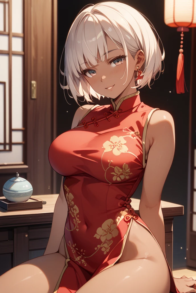 young girl 15 years old, short silver bob hair, hair flower, sharp bangs between the eyes, yellow eyes, eyes large, dominant look, cold stare, somewhat angry expression. traditional chinese imperial clothes black with gold details, red skirt, black thigh high socks. slenderbody. On your knees on the bed, kneeling. front point of view, far view. in a Japanese room, at night, with full moon in the background, light reflecting on the sexy and sweaty body. (((sweat)))