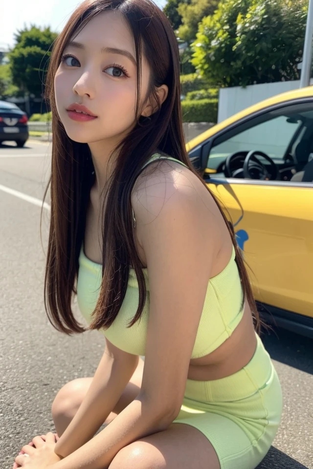 (8K, RAW photo, Best quality, Masterpiece:1.2), (Realistic, photo-realistic:1.37), Best quality, 超高分辨率, nfsw back lights, light  leaks, Dynamic lighting, Slim, Smooth skin,  (PureErosFace_V1:1), Bond, navel, Kpop idol, (Beautiful detailed eyes:1),(Beautiful detailed face:1),(freebuffing:1.2), Outdoors, Ulzzang-6500, 1girll, standing, Upper body, (:1.2), ,  from the front side, Front view,  view the viewer, Huge breasts, arms back behind, street, Sunlight,