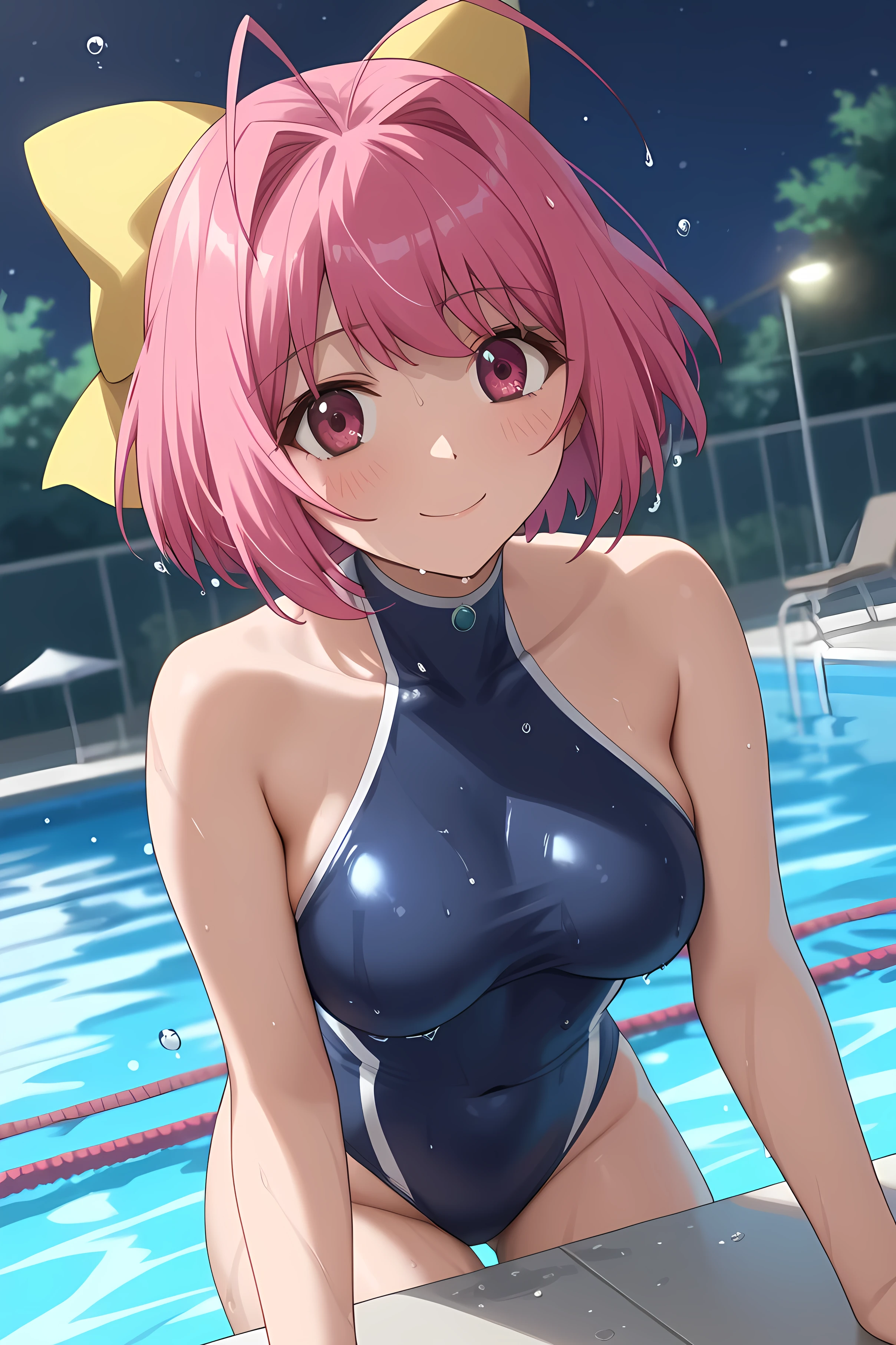 ((Masterpiece)),((high resolution)),((Best Quality)),Anime illustration,(((1girl))),,(wavy hair),(short hair),(pale pink hair color),small ponytail,Red eyes,(Big round eyes),((tareme)),,((loli face)),very big breasts)),Short stature,,one-piece swimsuit,smile,Ladylike,Pool,