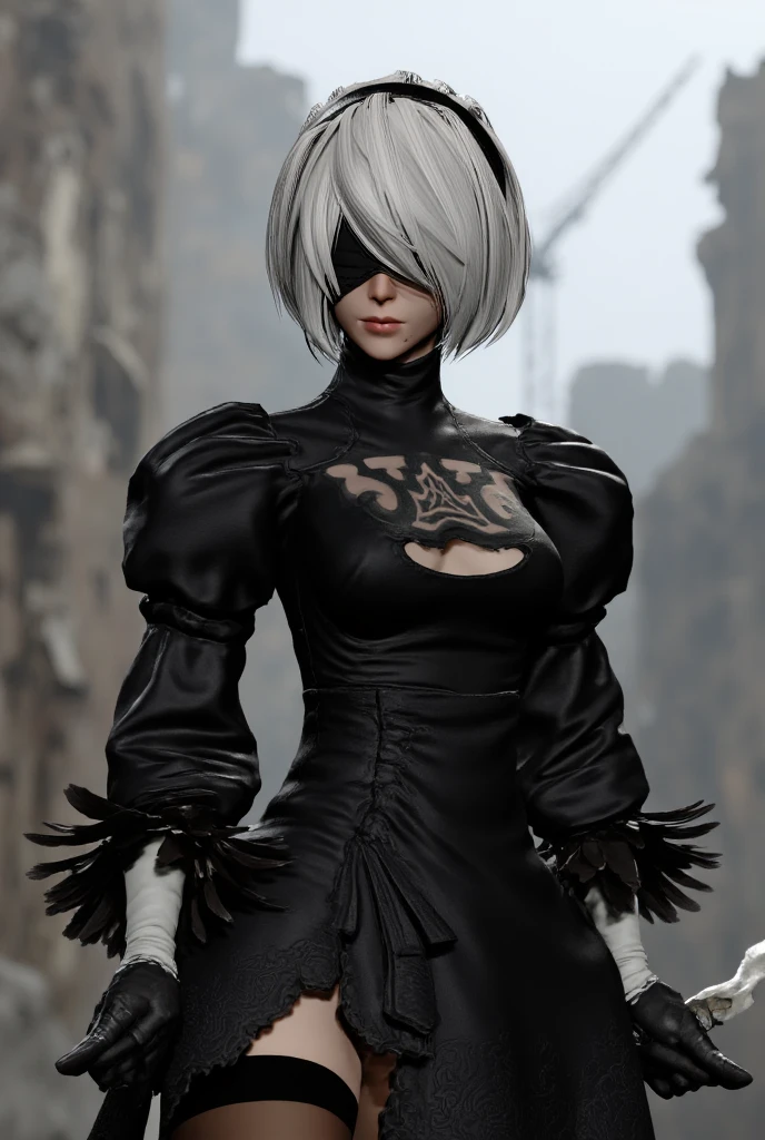 A girl, 2b: (Nier:Automata), Nier: (series), is depicted with platinum blonde short hair and wearing a black outfit with an intricate pattern on her chest. She has a black blindfold over both eyes, her lips are slightly open, she holds a large sword in her right hand and a sword in her left. Her short hair flows in the wind. White smoke is coming from somewhere. The background shows a destroyed city, blurred buildings and cranes, reminiscent of a dystopian or post-apocalyptic world. The overall atmosphere is dark and bleak, and the woman's serious and determined expression stands out.