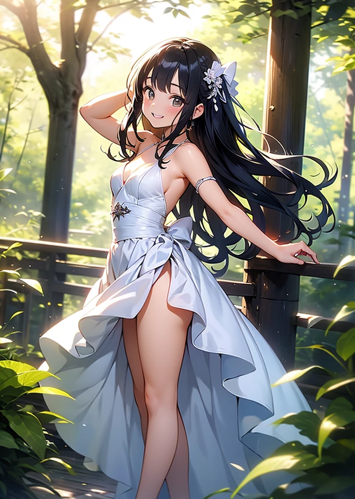 work of art, best qualityer, absurderes, perfect antomy, 1 girl, standing alone, PascalTales, shorth hair, comely, happy, Sunnyday, Botanical Garden, summer breeze, summer dress, flower print, wavy hair, smiling