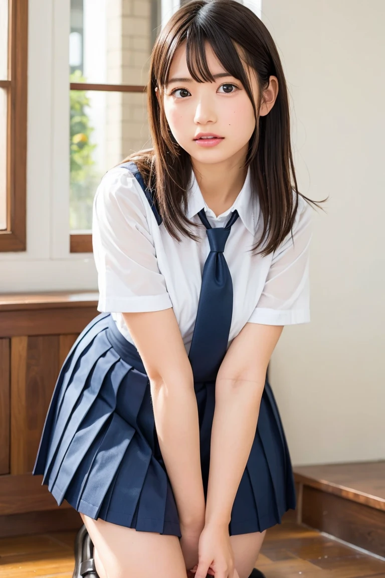 lens: 135mm f1.8,(Highest quality),(Tabletop:1.1), (Beautiful Japanese Girl),  (Moisturized lips), Narrow eyes, double eyelid,Delicate clavicle,Flat Chest,Shortcuts,
 (Let me me&#39;Let me&#39;Let&#39;s take another look), (close:1.4),  shame, A faint smile,
(Spotted sunlight:1.2), Dramatic lighting, 
(school uniform), (Sunburned skin:0.2),Full body photo、Full Body Focus、Sit on the floor with your legs open、Lift up the skirt、