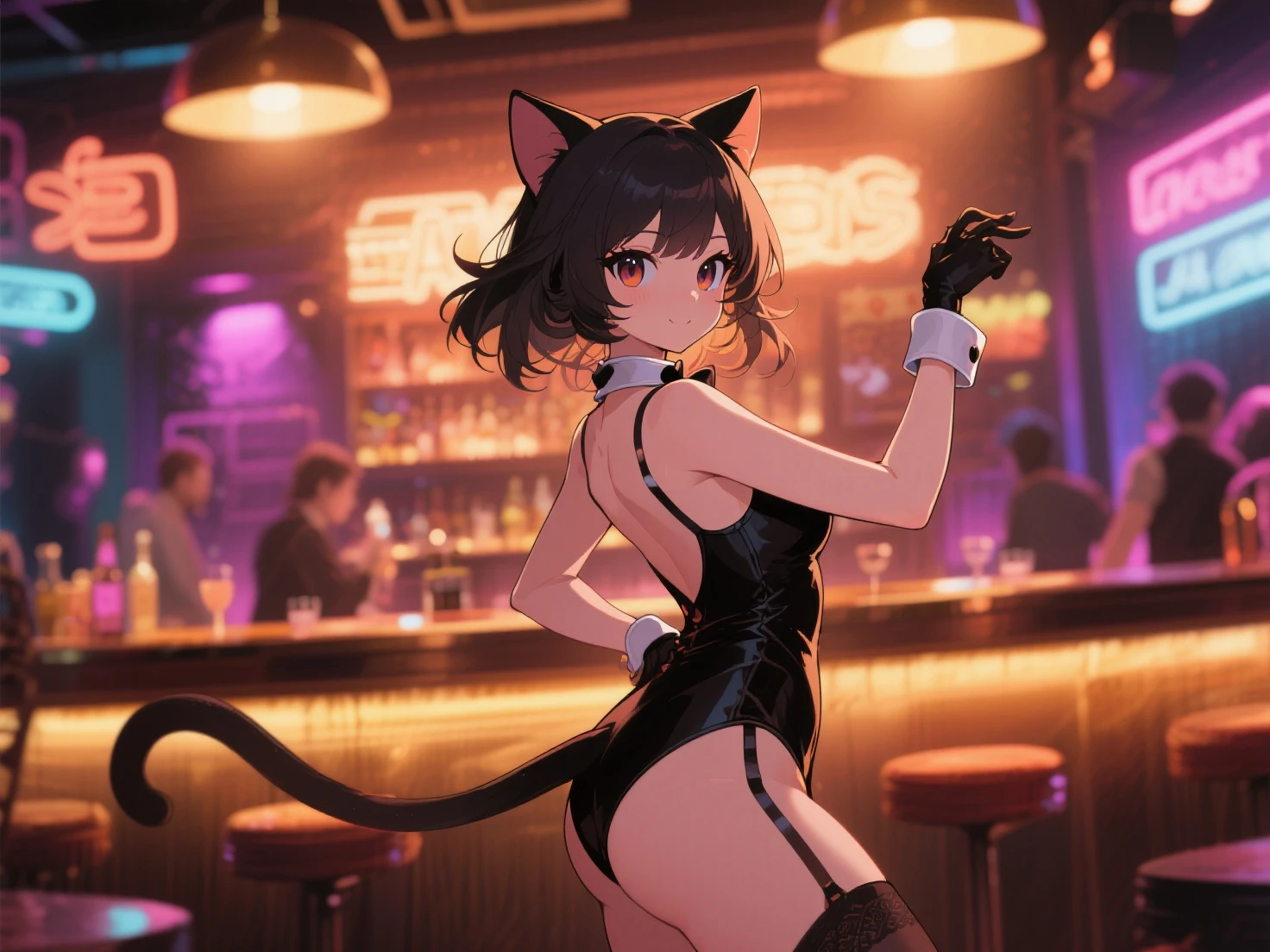 (masterpiece, best quality, high resolution), mikictr, 1girl, solo, stud earrings, lipstick, on stage , cat girl cosplay, neck choker, cat ears, cat tail, midriff, pokies, hard nipples unde cloths,leather micro minidress:1.4, lace long elbow high gloves, lace top fishnet thighhighs, platform high heels, lipstick, black eyes, cowboy shot, 1990s (style), retro artstyle, smile, open mouth, night club, platform stage,<lora:GoodHands-vanilla:1> <lora:Miki_V5-E10_(ViperCTR):0.7> , <lora:add_detail:0.6>