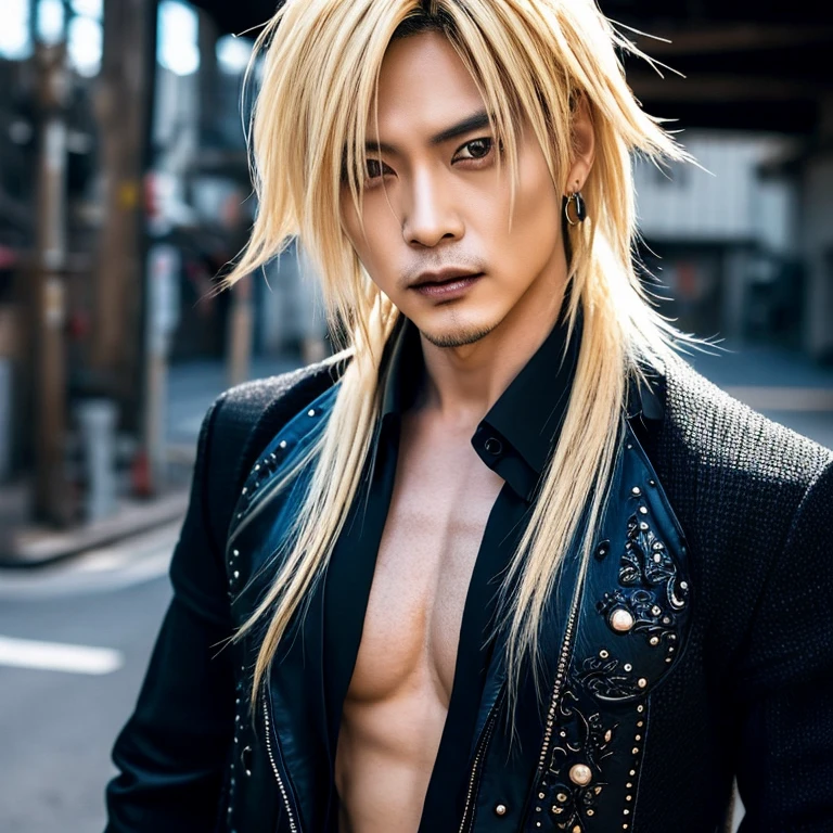 1 Japanese rocker, male, Asian eyes, full body view, Visual kei hairstyle, pretty face, hyperrealistic, realistic representation, ultra detailed face and eyes, muscular, broad shoulders, rocker clothing, 40 years, black and blonde hair